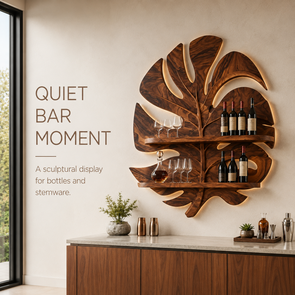 Solid Wood Wall Wine Rack with Glass Holder - Ribbed Wave - product image 02