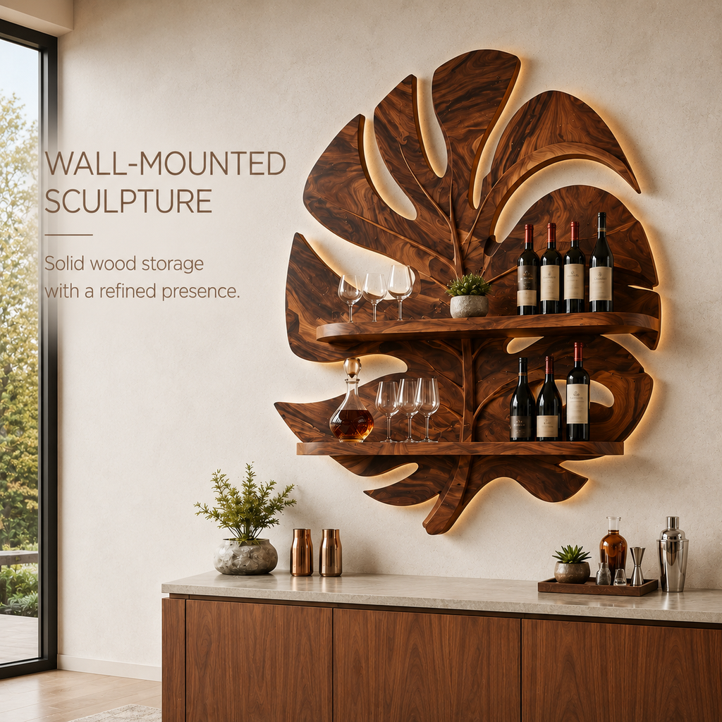 Solid Wood Wall Wine Rack with Glass Holder - Ribbed Wave - product image 03