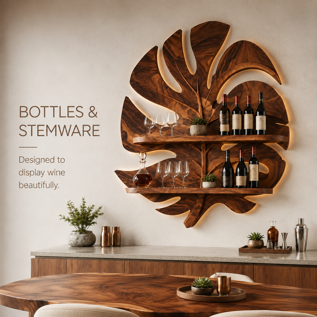 Solid Wood Wall Wine Rack with Glass Holder - Ribbed Wave - product image 07
