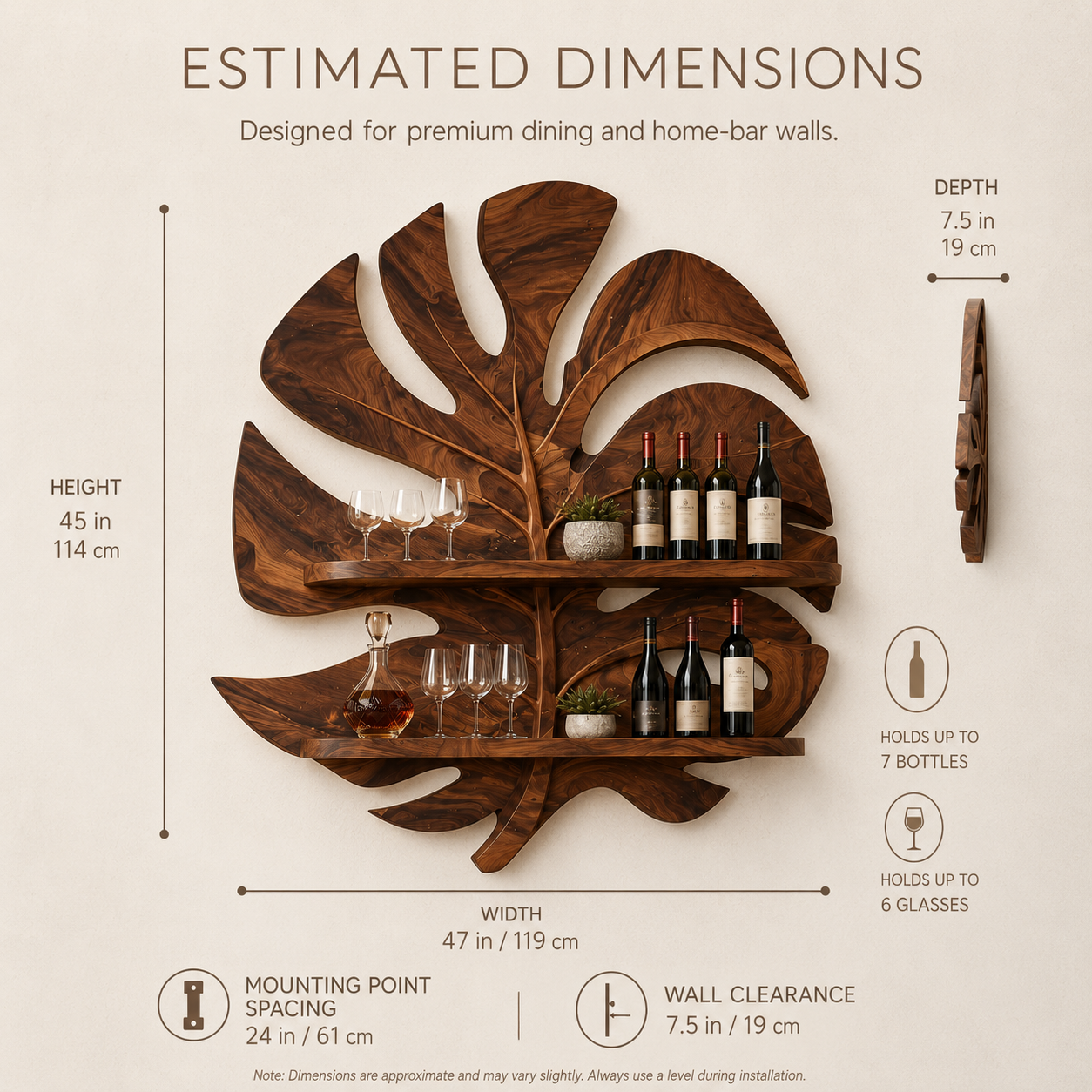 Solid Wood Wall Wine Rack with Glass Holder - Ribbed Wave - product image 08
