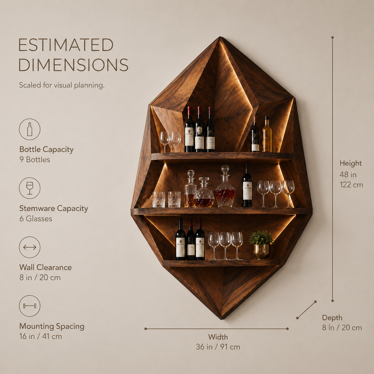 Solid Wood Wall Wine Rack with Glass Holder - Cellular - product image 06