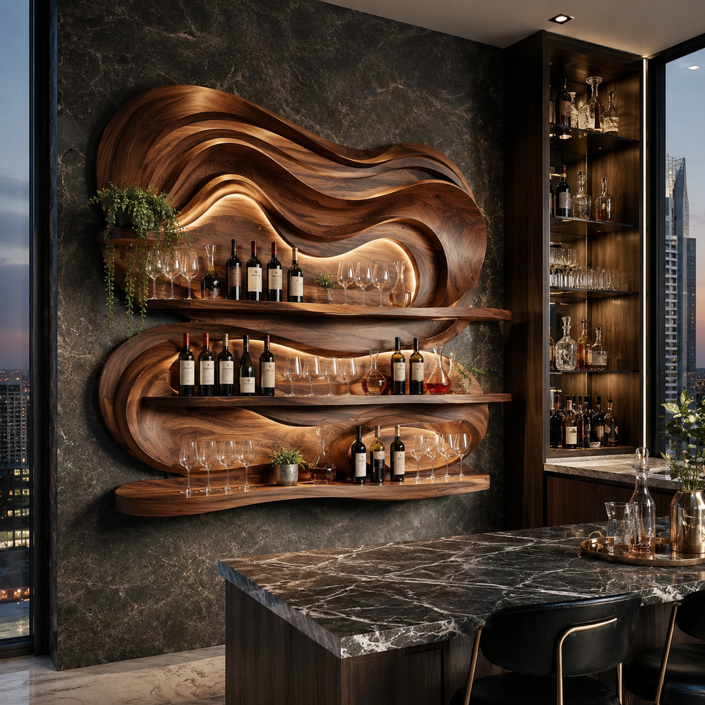 Solid Wood Wall Wine Rack with Glass Holder - Branch Form - main view