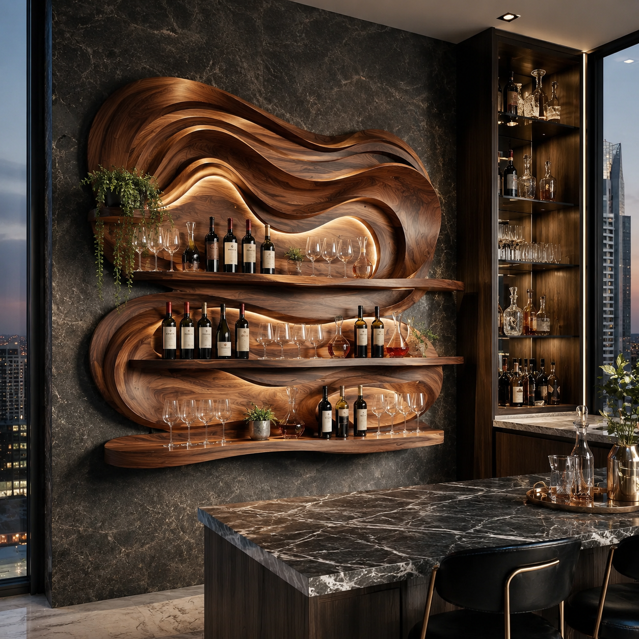 Solid Wood Wall Wine Rack with Glass Holder - Branch Form - main view