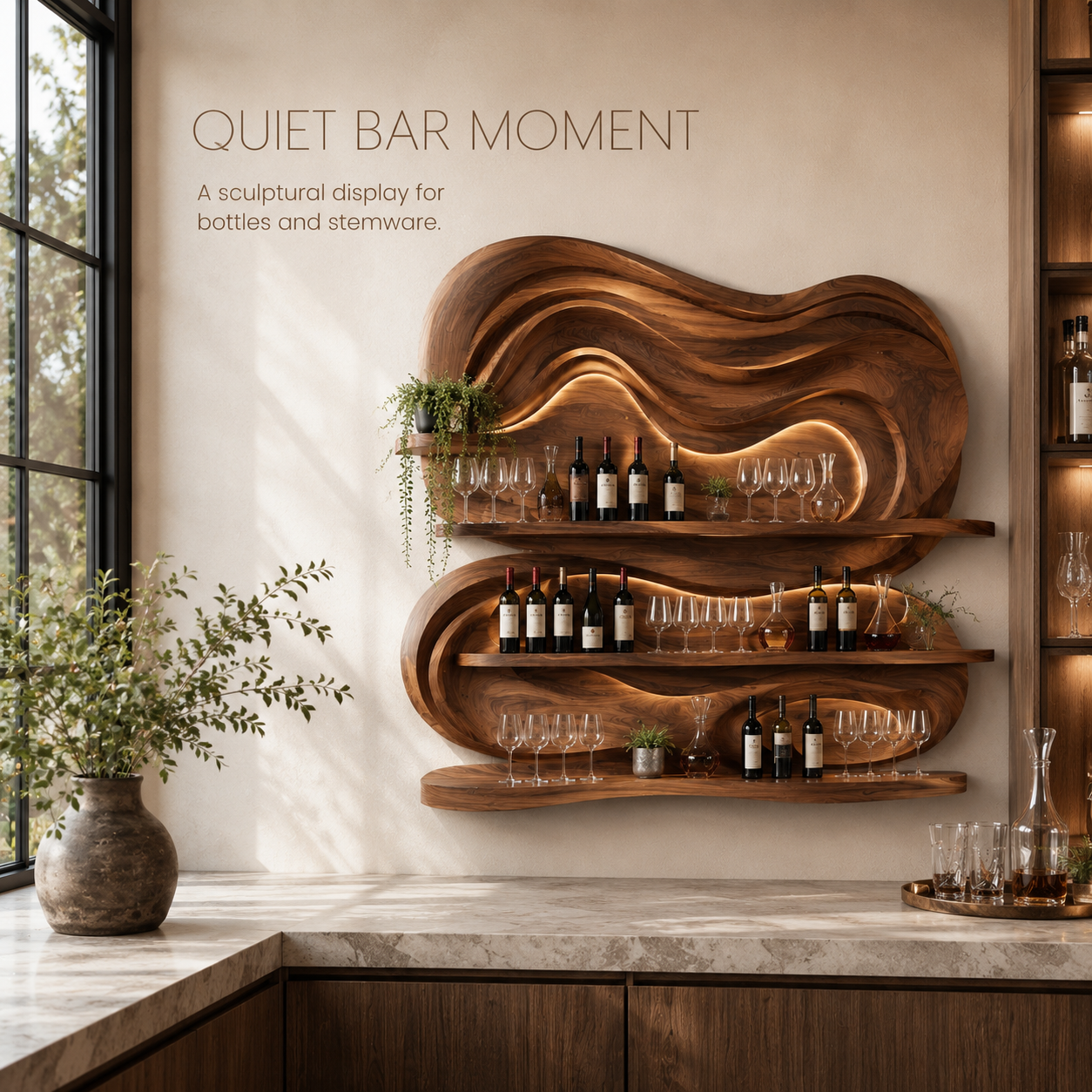Solid Wood Wall Wine Rack with Glass Holder - Branch Form - product image 02