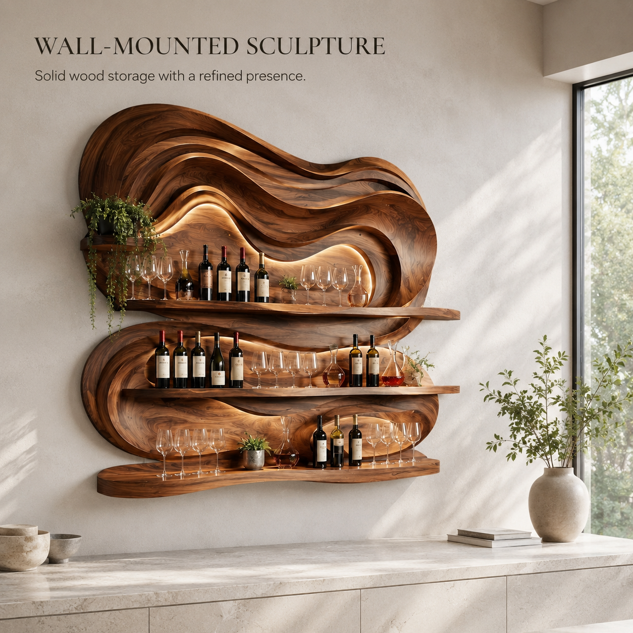 Solid Wood Wall Wine Rack with Glass Holder - Branch Form - product image 03
