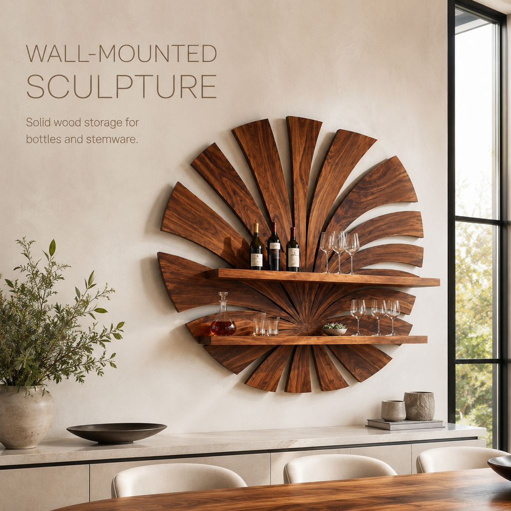 Solid Wood Wall Wine Rack with Glass Holder - Arched - product image 02
