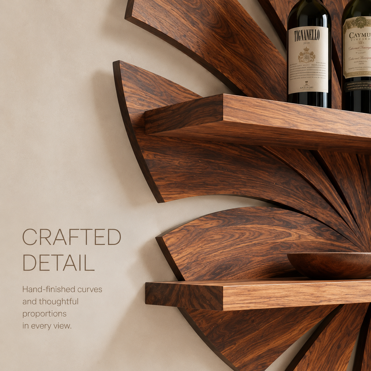 Solid Wood Wall Wine Rack with Glass Holder - Arched - product image 06