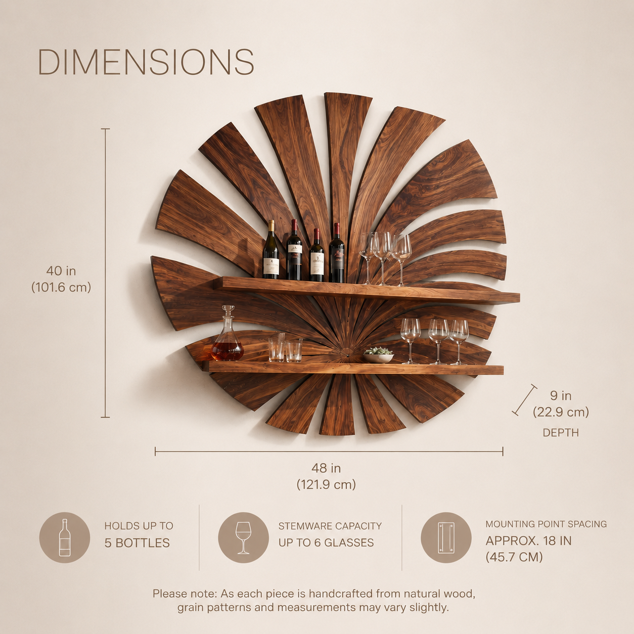 Solid Wood Wall Wine Rack with Glass Holder - Arched - product image 08