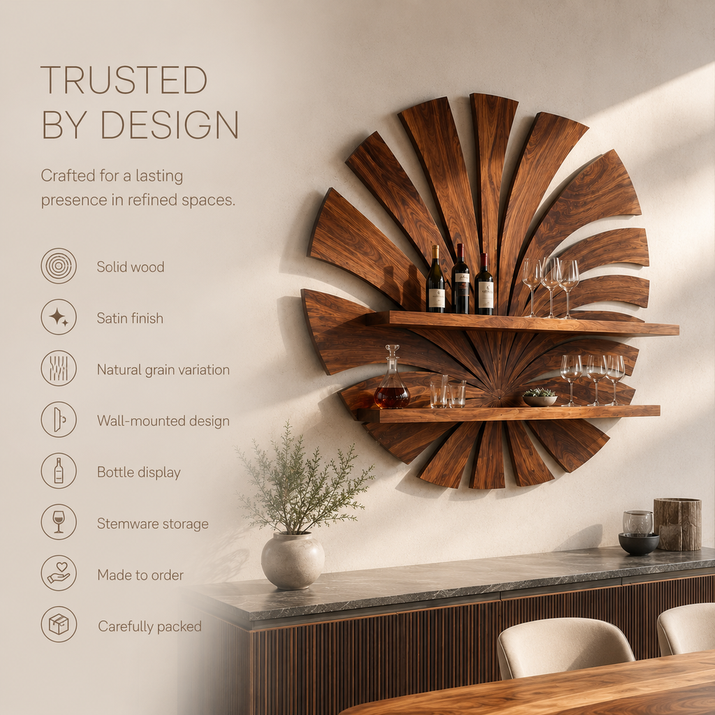 Solid Wood Wall Wine Rack with Glass Holder - Arched - product image 09