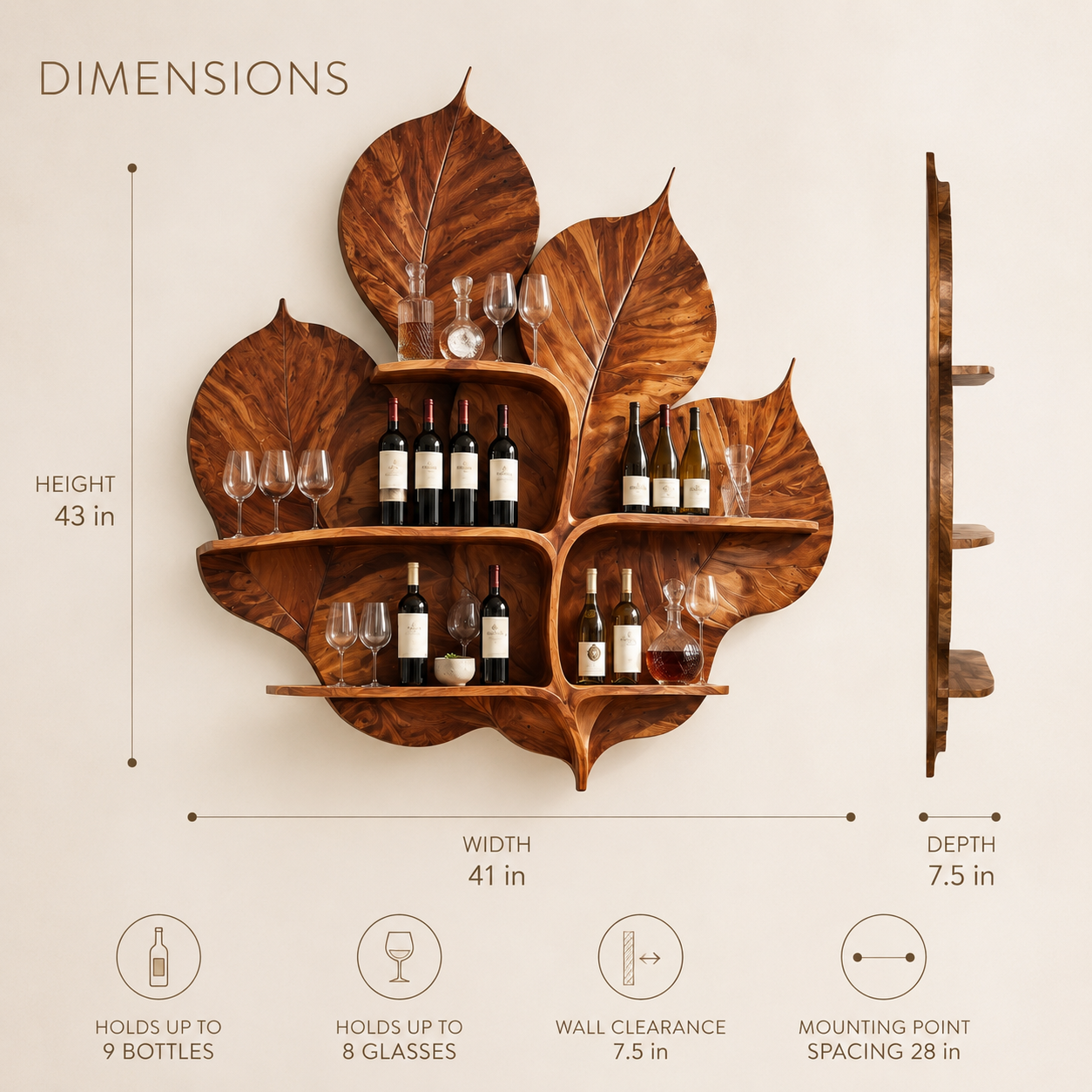 Solid Wood Wall Wine Rack with Glass Holder - Crescent - product image 08