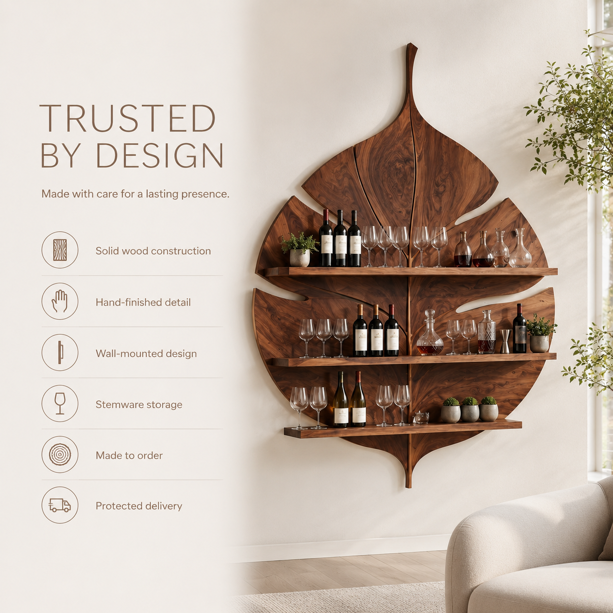 Solid Wood Wall Wine Rack with Glass Holder - Gallery Rail - product image 09