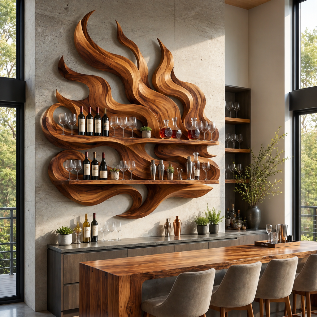 Solid Wood Wall Wine Rack with Glass Holder - Ribbed Wave - main view