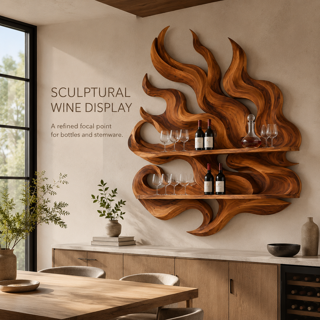 Solid Wood Wall Wine Rack with Glass Holder - Ribbed Wave - product image 02