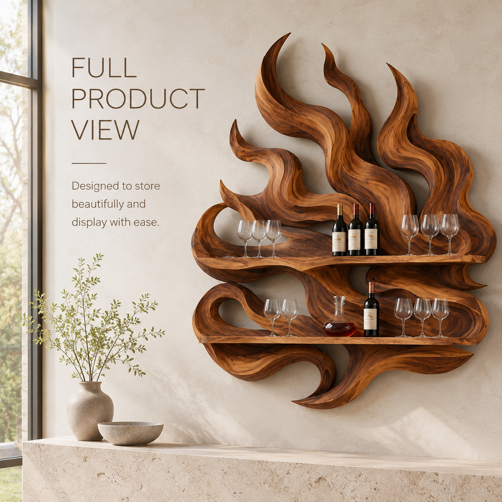 Solid Wood Wall Wine Rack with Glass Holder - Ribbed Wave - product image 03