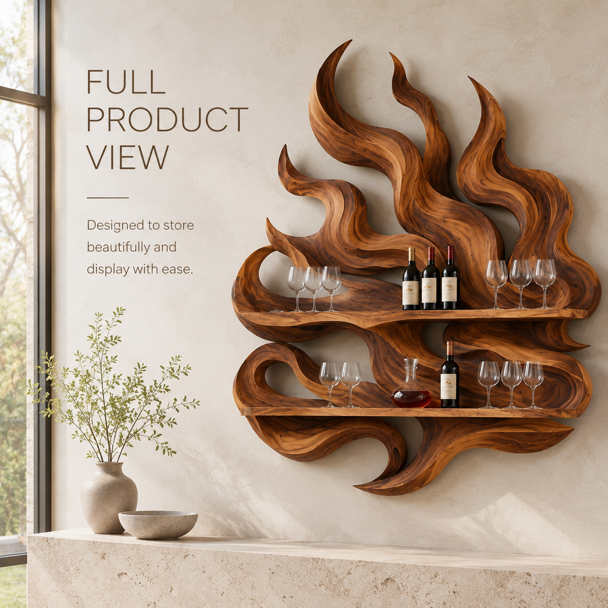 Solid Wood Wall Wine Rack with Glass Holder - Ribbed Wave - product image 03