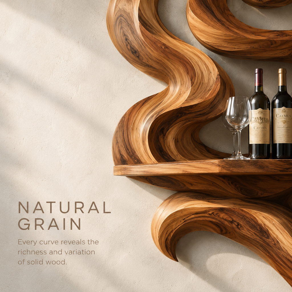 Solid Wood Wall Wine Rack with Glass Holder - Ribbed Wave - product image 05