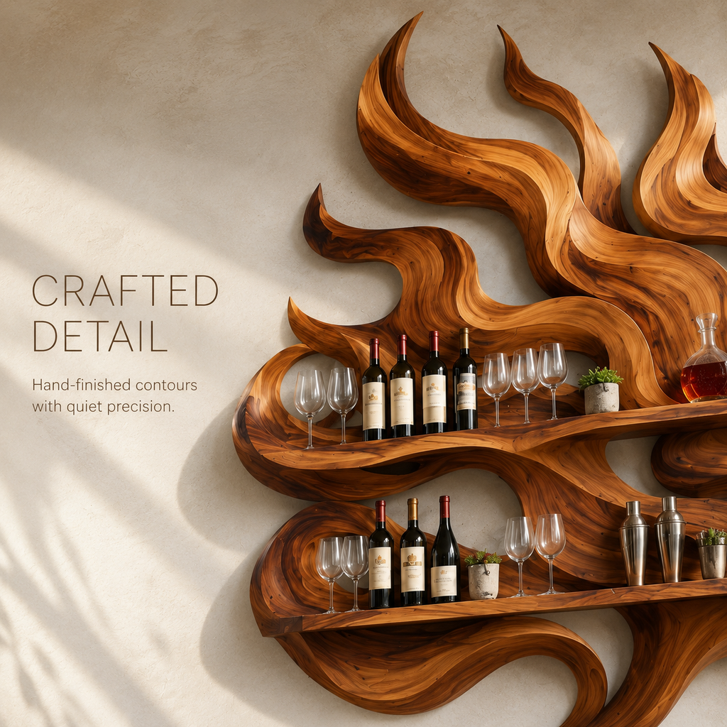 Solid Wood Wall Wine Rack with Glass Holder - Ribbed Wave - product image 06