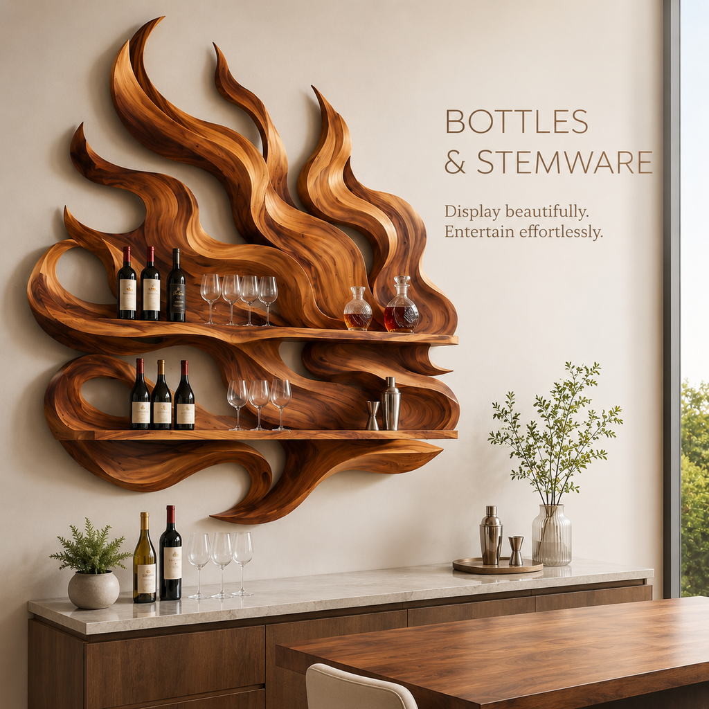 Solid Wood Wall Wine Rack with Glass Holder - Ribbed Wave - product image 07