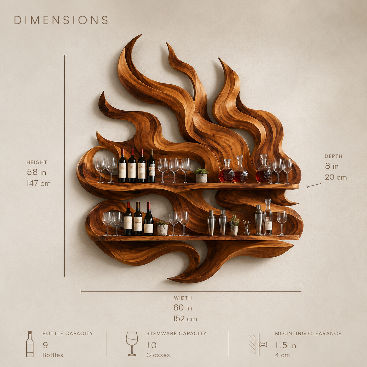 Solid Wood Wall Wine Rack with Glass Holder - Ribbed Wave - product image 08