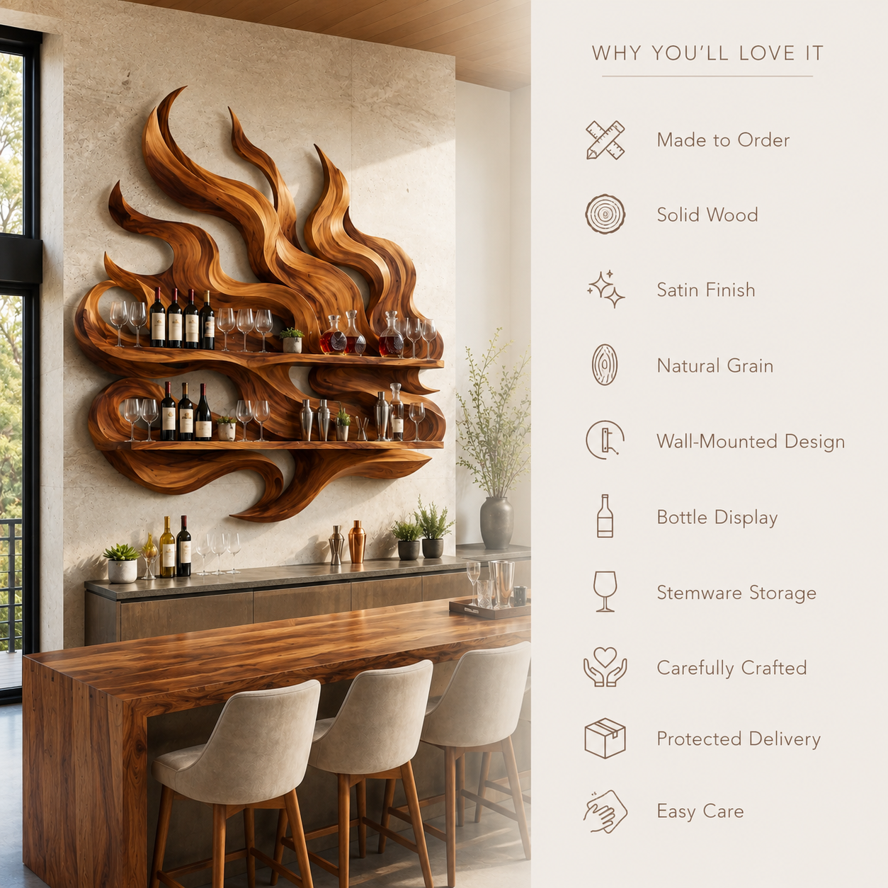 Solid Wood Wall Wine Rack with Glass Holder - Ribbed Wave - product image 09