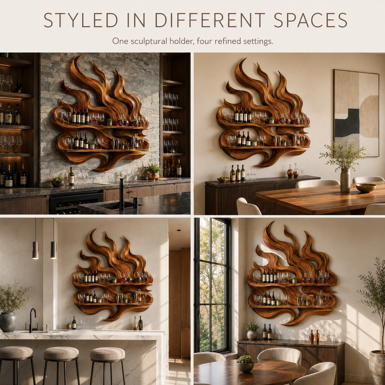 Solid Wood Wall Wine Rack with Glass Holder - Ribbed Wave - product image 10