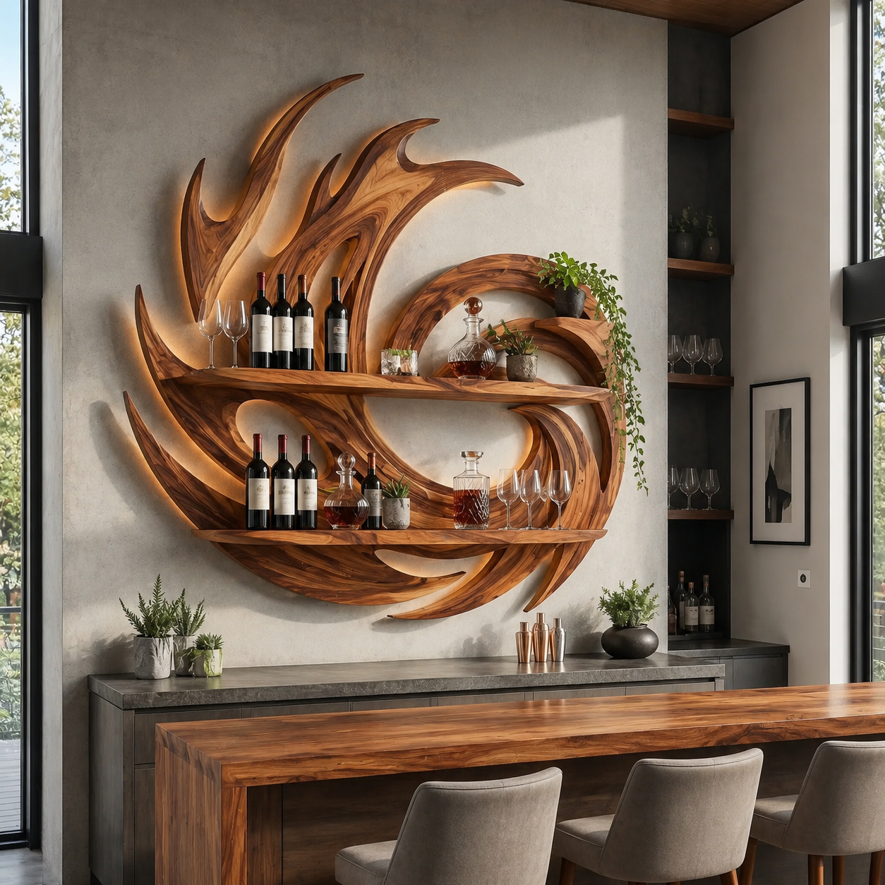 Solid Wood Wall Wine Rack with Glass Holder - Wave - main view