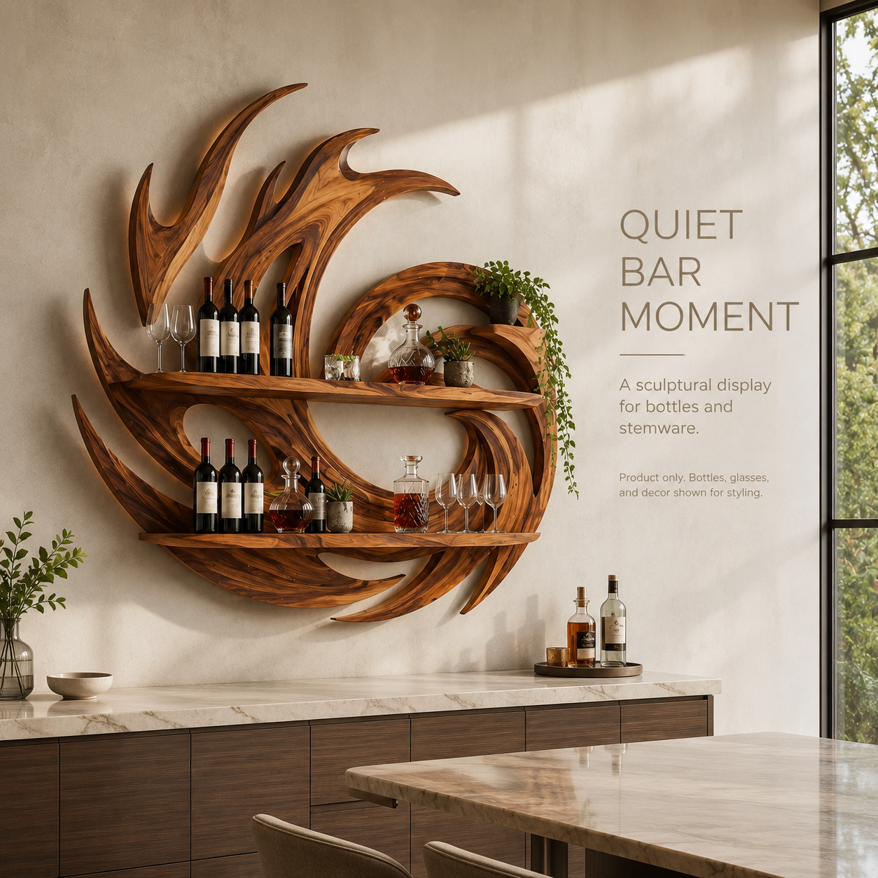 Solid Wood Wall Wine Rack with Glass Holder - Wave - product image 02