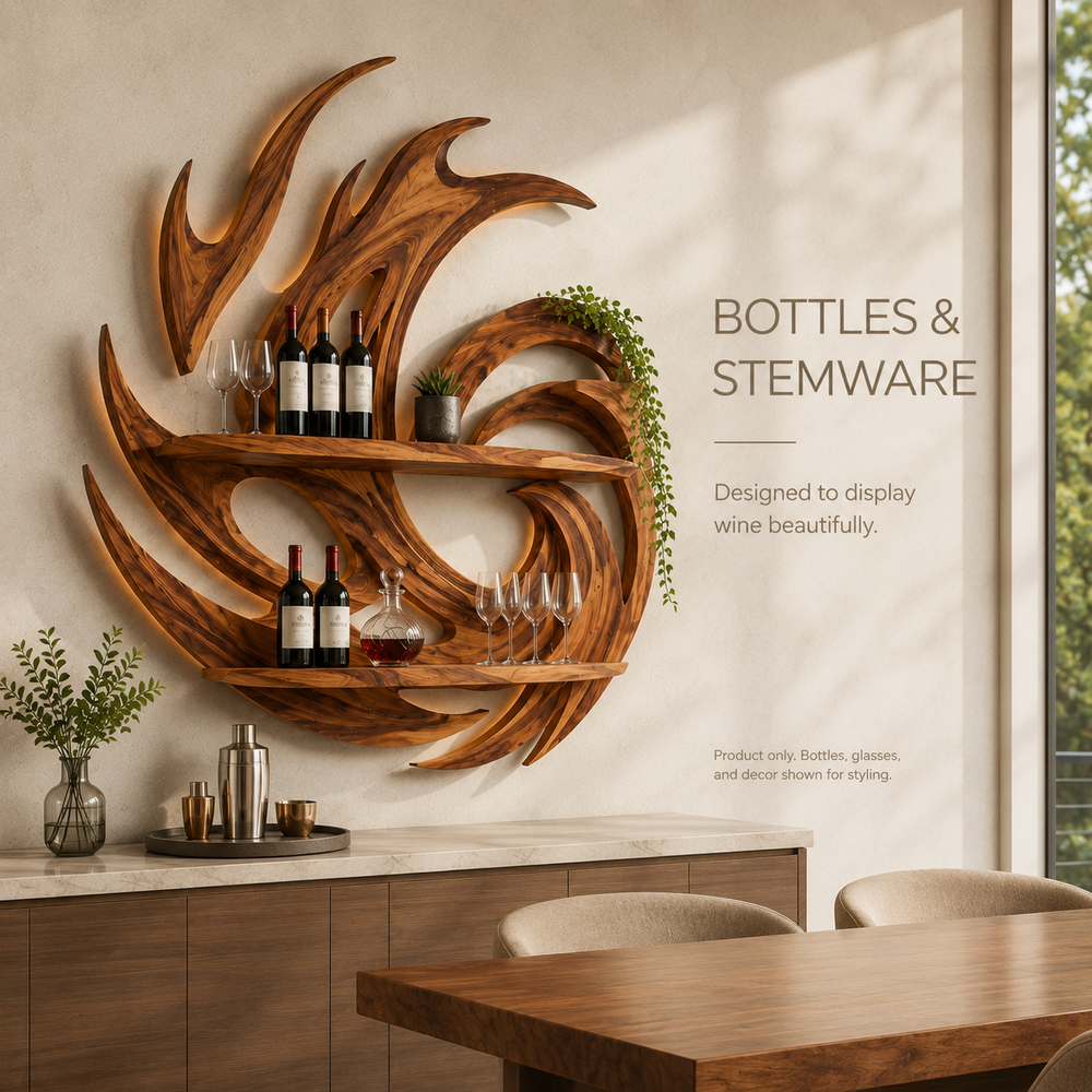 Solid Wood Wall Wine Rack with Glass Holder - Wave - product image 07