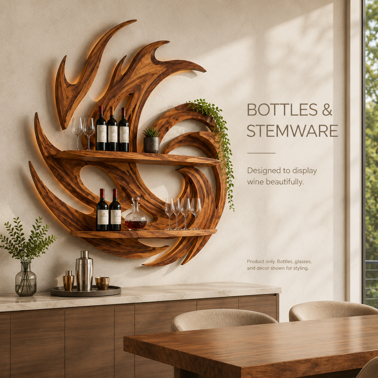 Solid Wood Wall Wine Rack with Glass Holder - Wave - product image 07