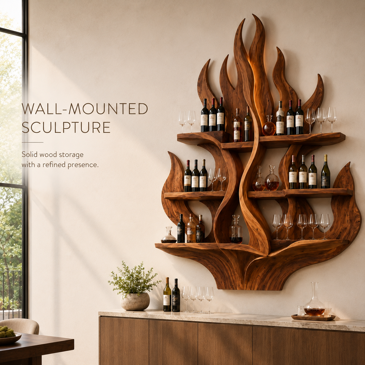 Solid Wood Wall Wine Rack with Glass Holder - Cellular - product image 03