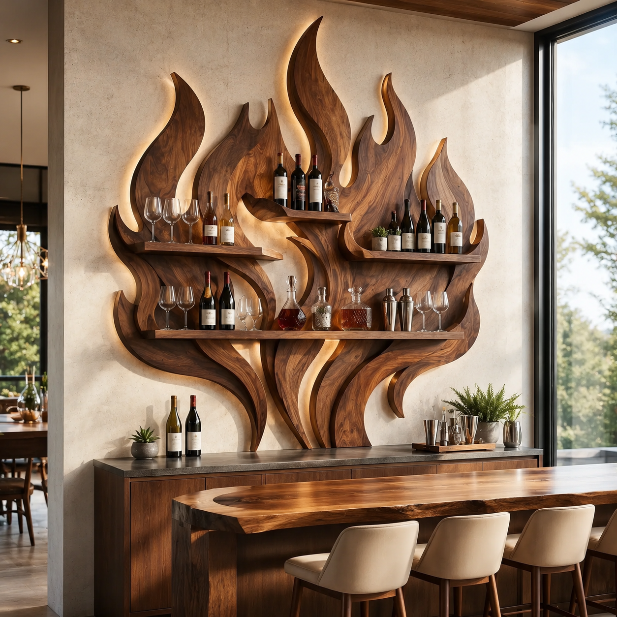 Solid Wood Wall Wine Rack with Glass Holder - Branch Form - main view