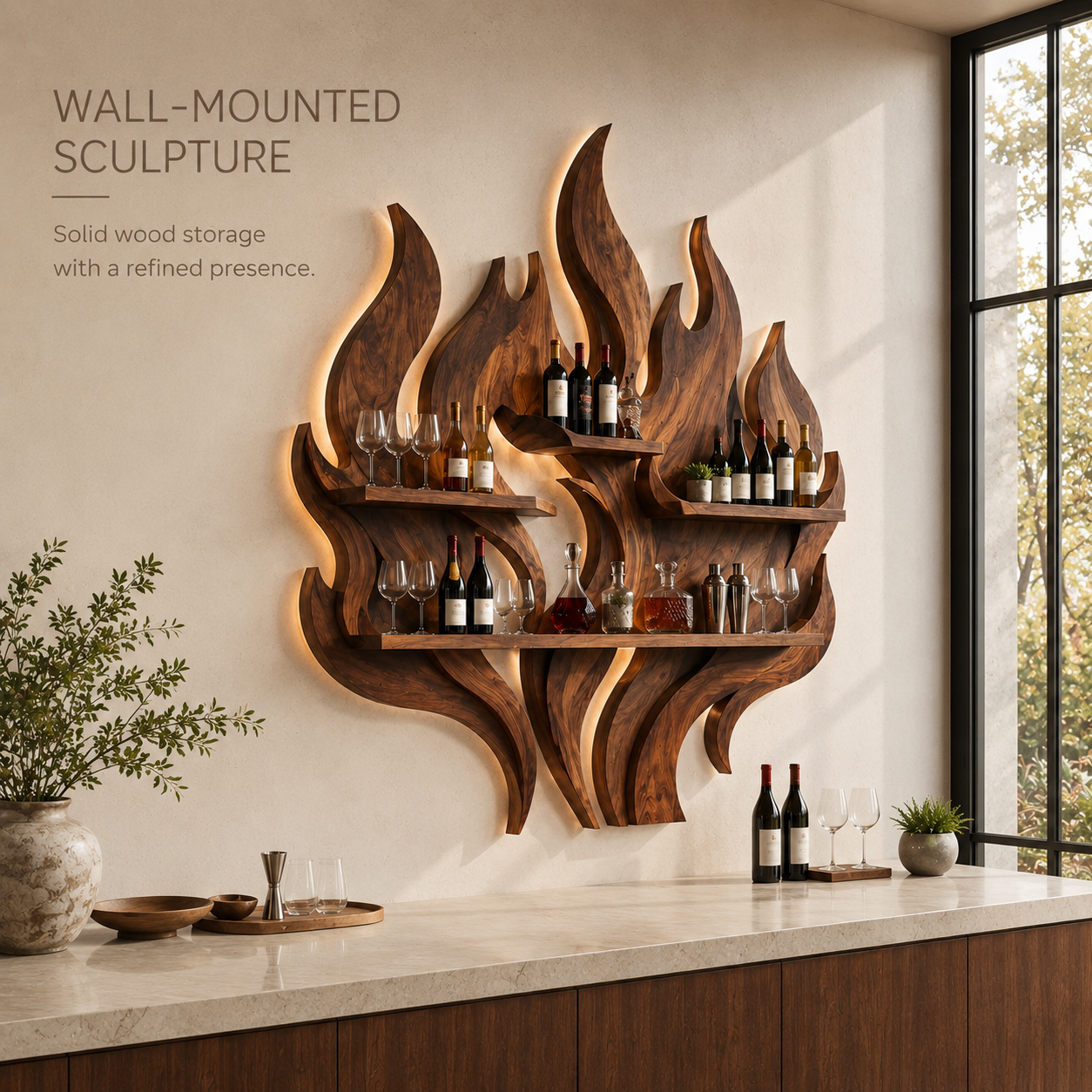 Solid Wood Wall Wine Rack with Glass Holder - Branch Form - product image 03