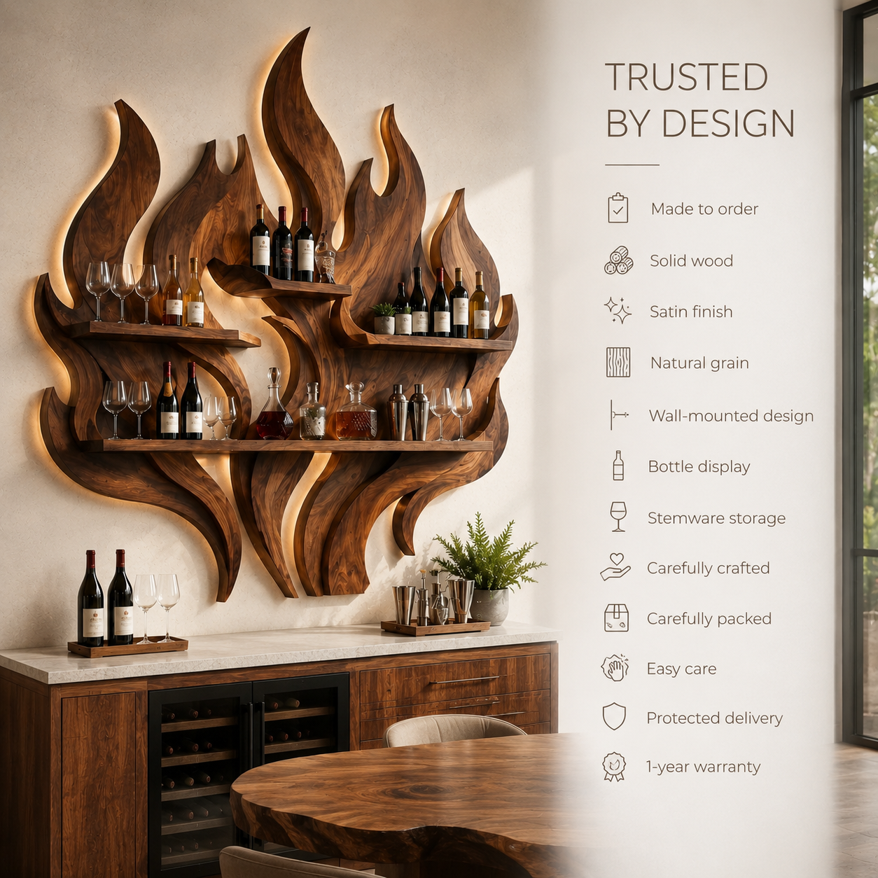 Solid Wood Wall Wine Rack with Glass Holder - Branch Form - product image 09