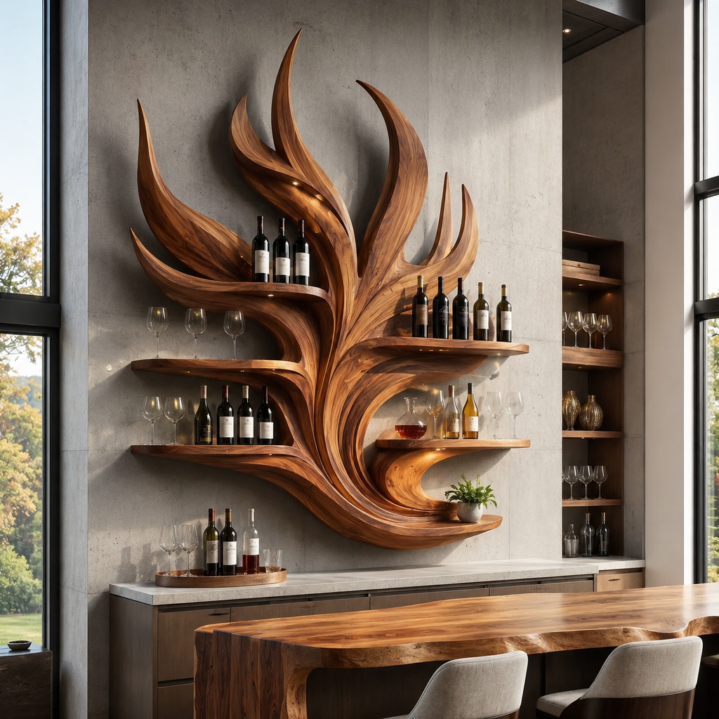 Solid Wood Wall Wine Rack with Glass Holder - Arched - main view