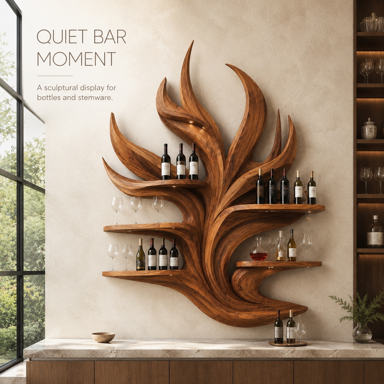 Solid Wood Wall Wine Rack with Glass Holder - Arched - product image 02