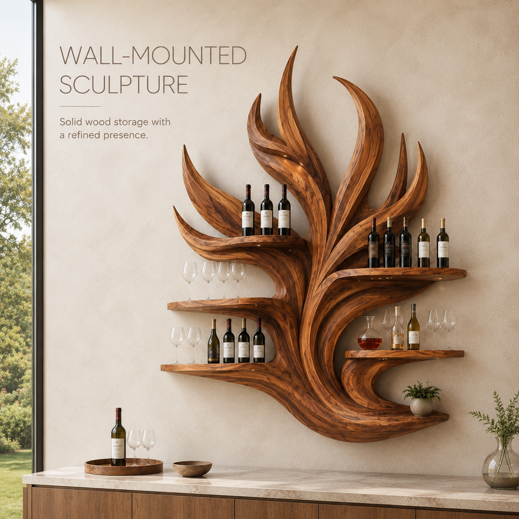 Solid Wood Wall Wine Rack with Glass Holder - Arched - product image 03