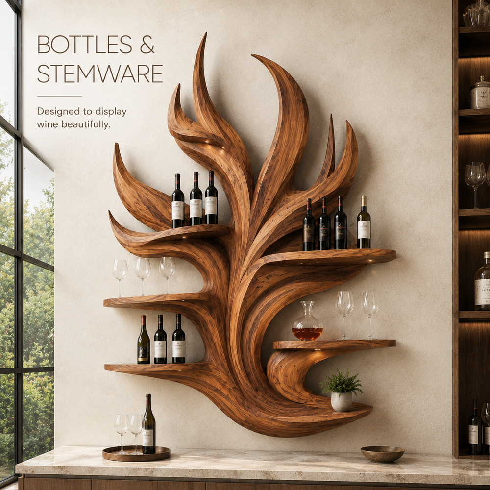 Solid Wood Wall Wine Rack with Glass Holder - Arched - product image 07