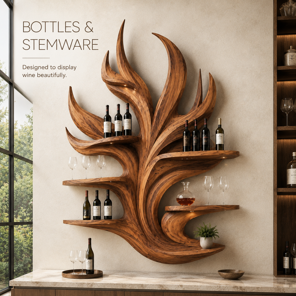Solid Wood Wall Wine Rack with Glass Holder - Arched - product image 07