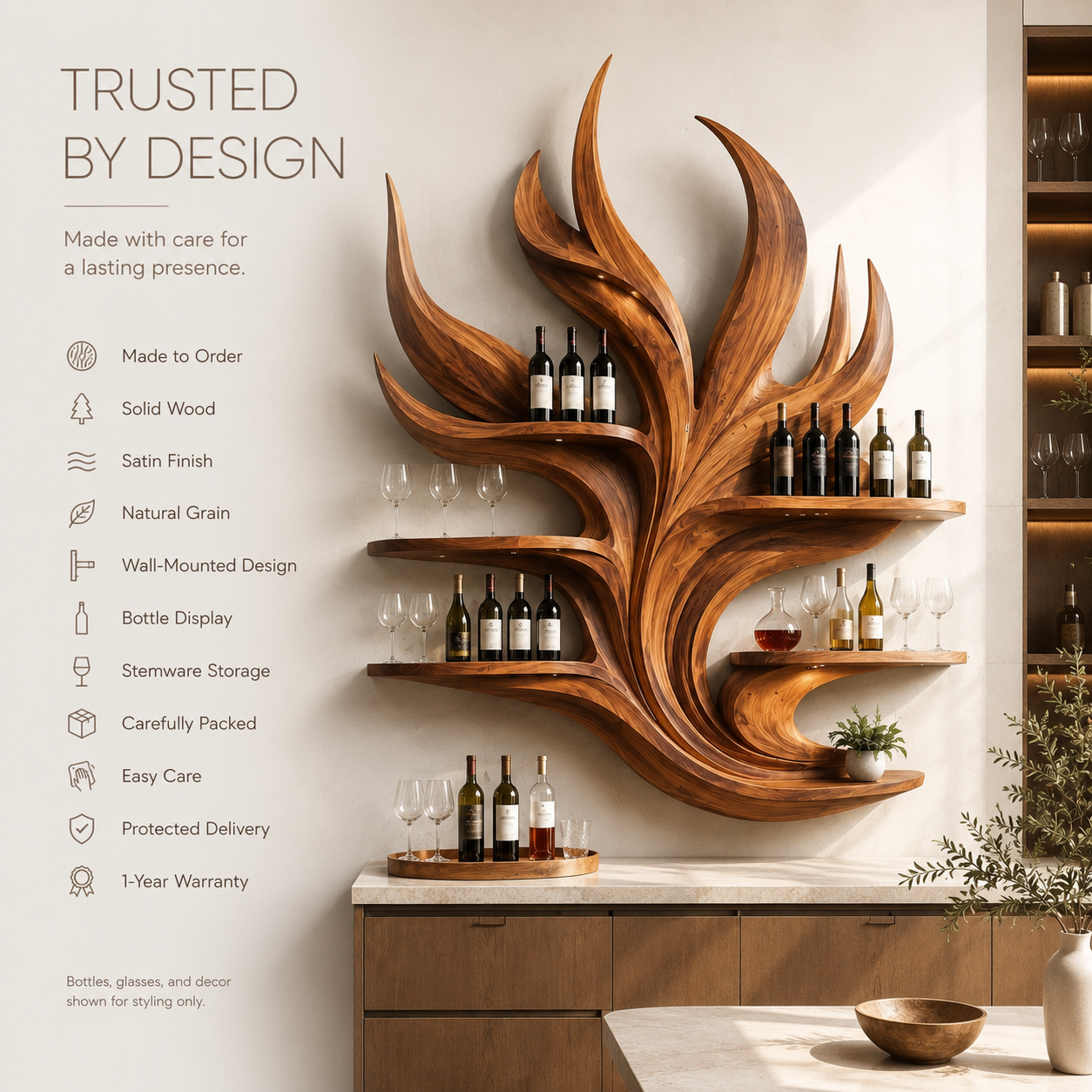 Solid Wood Wall Wine Rack with Glass Holder - Arched - product image 09