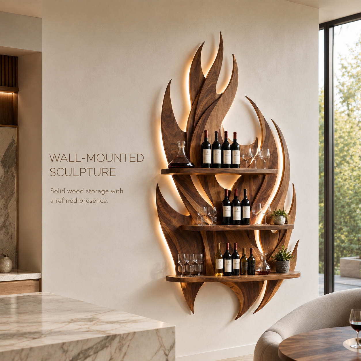 Solid Wood Wall Wine Rack with Glass Holder - Crescent - product image 03
