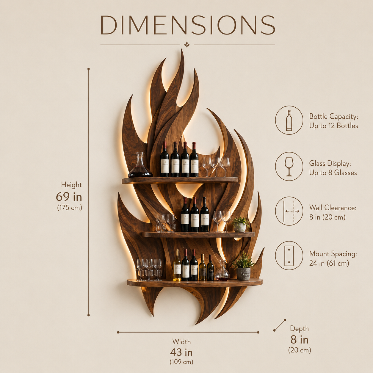 Solid Wood Wall Wine Rack with Glass Holder - Crescent - product image 08