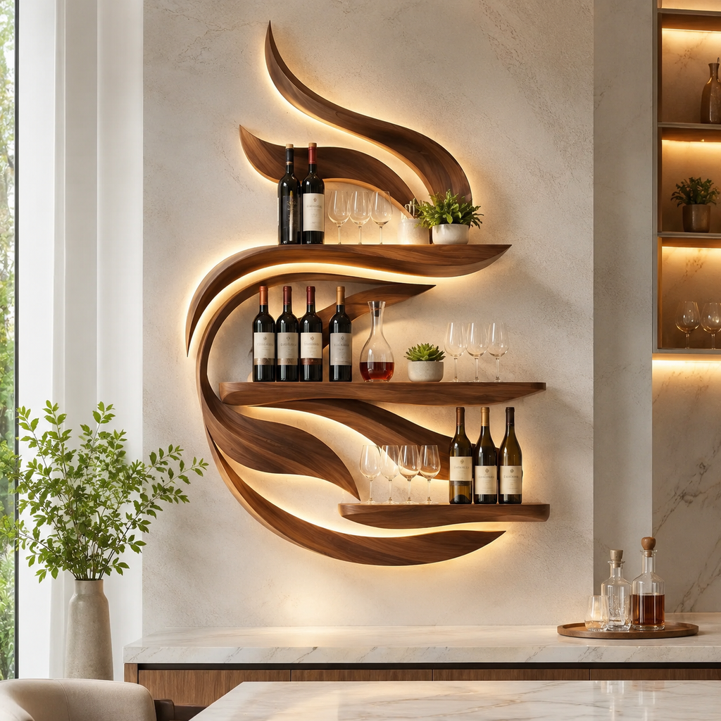 Solid Wood Wall Wine Rack with Glass Holder - Gallery Rail - main view