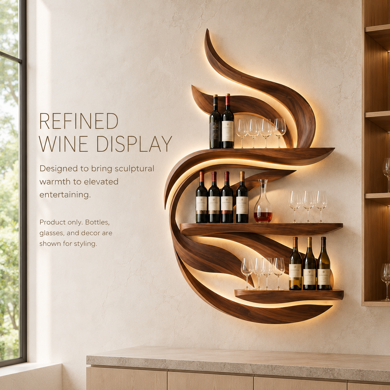 Solid Wood Wall Wine Rack with Glass Holder - Gallery Rail - product image 02