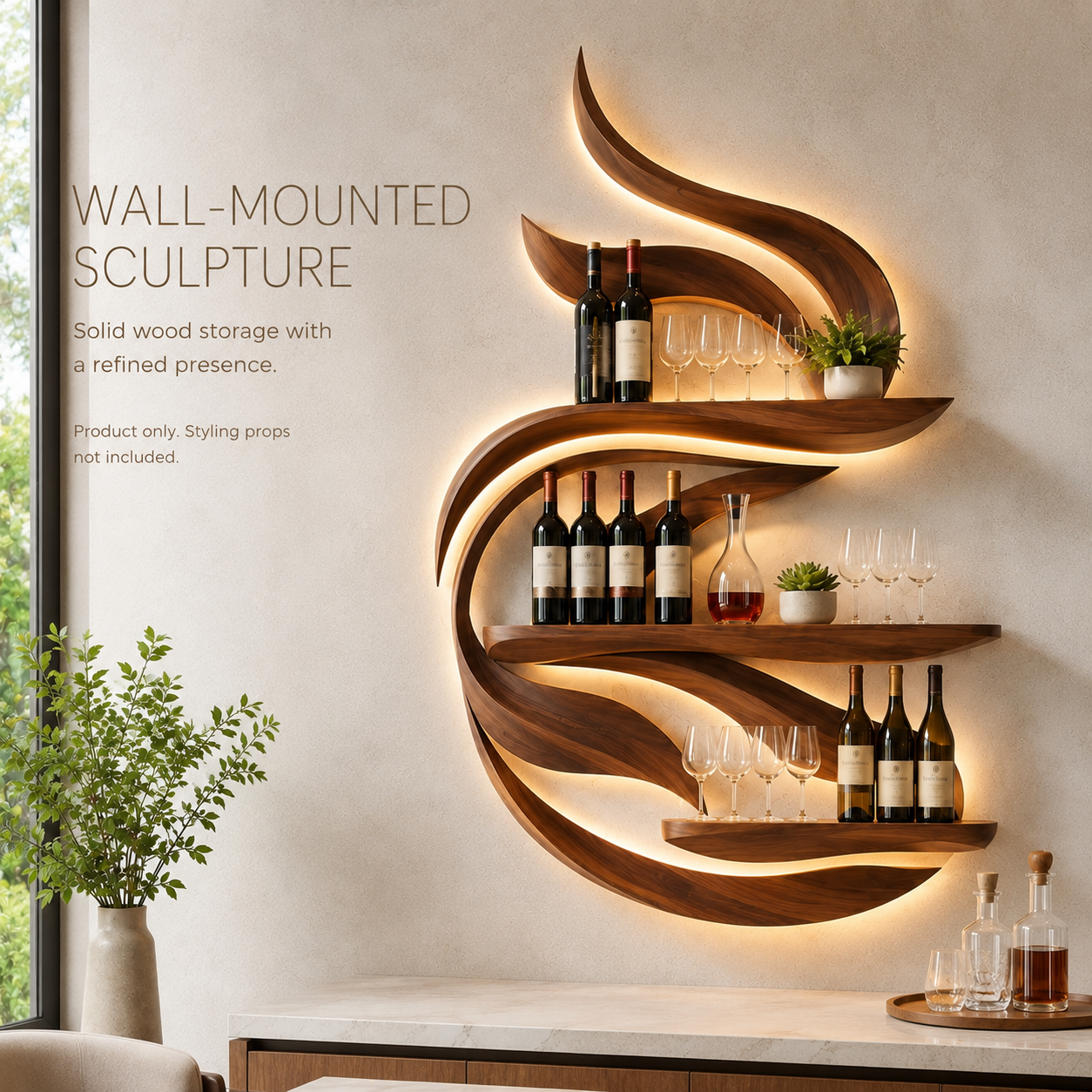 Solid Wood Wall Wine Rack with Glass Holder - Gallery Rail - product image 03