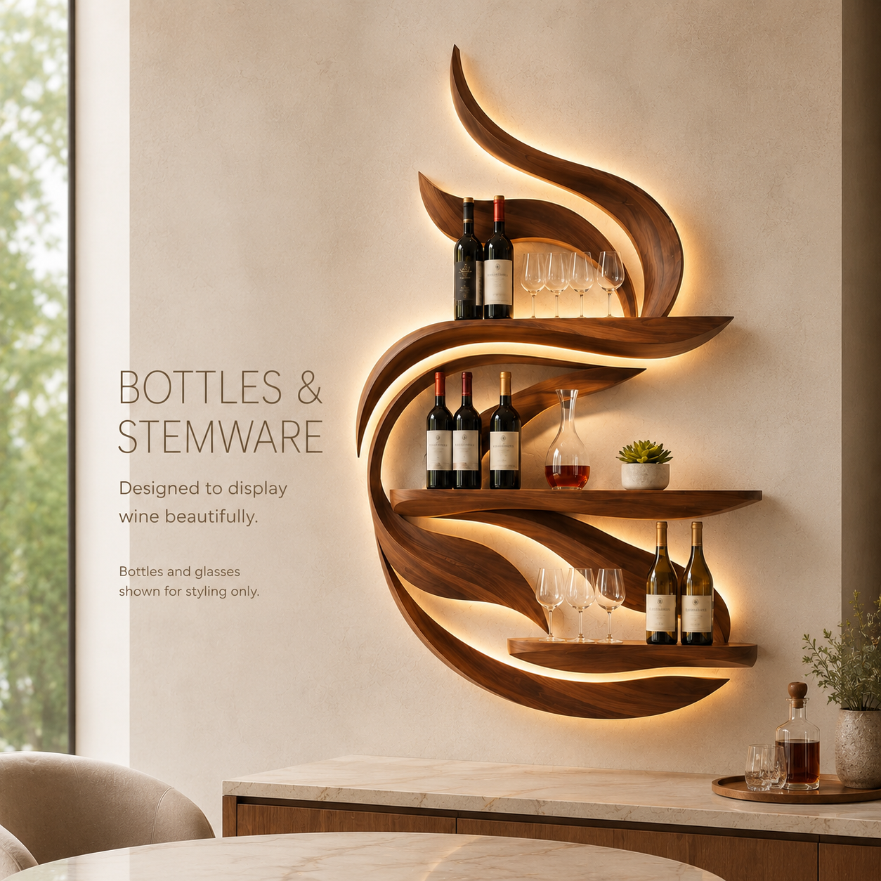 Solid Wood Wall Wine Rack with Glass Holder - Gallery Rail - product image 07