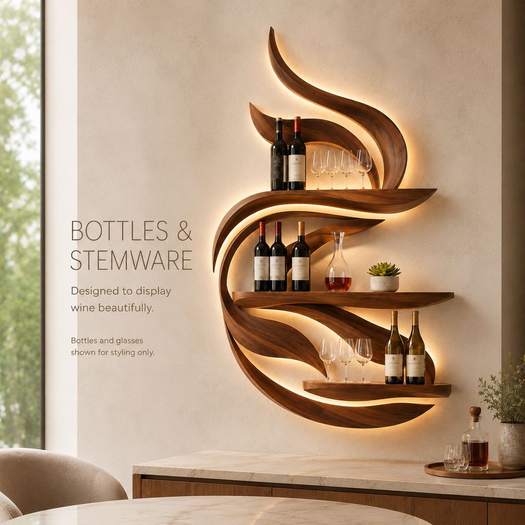 Solid Wood Wall Wine Rack with Glass Holder - Gallery Rail - product image 07