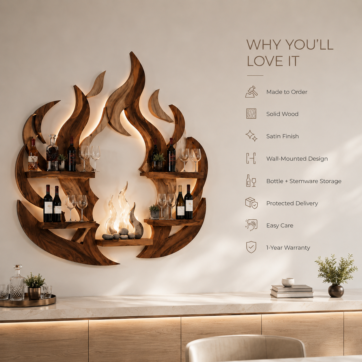 Solid Wood Wall Wine Rack with Glass Holder - Live Edge - product image 09