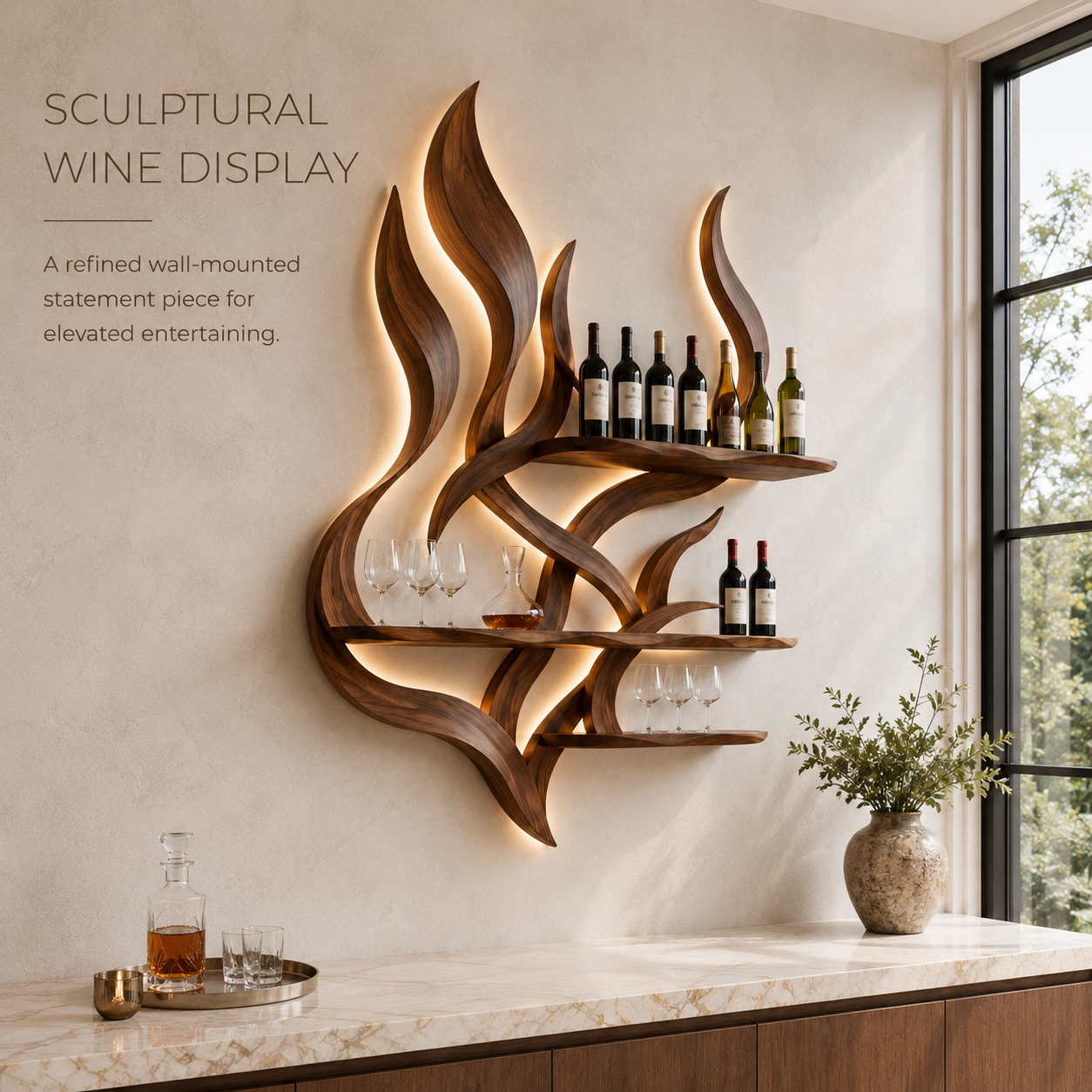 Solid Wood Wall Wine Rack with Glass Holder - Ribbed Wave - product image 02