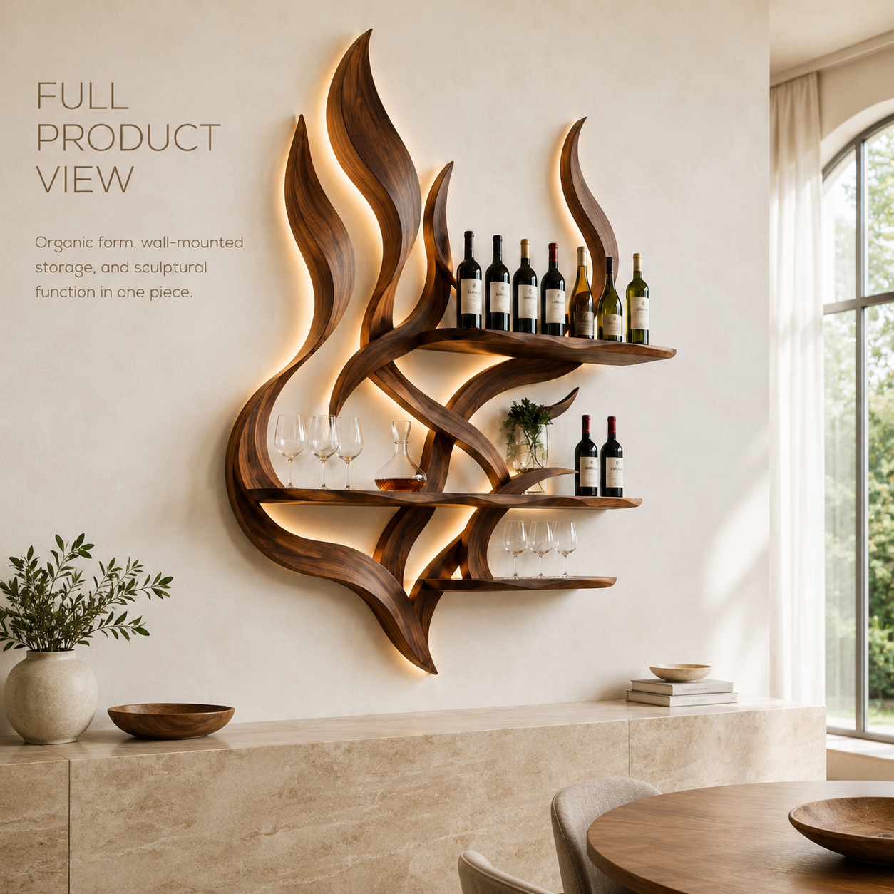Solid Wood Wall Wine Rack with Glass Holder - Ribbed Wave - product image 03