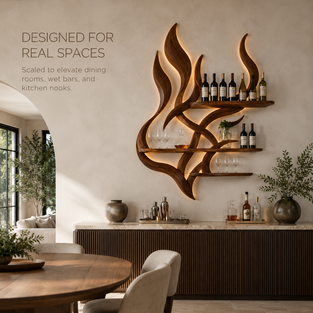 Solid Wood Wall Wine Rack with Glass Holder - Ribbed Wave - product image 04